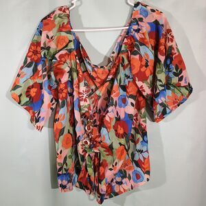 Women’s Floral Blouse – Multicolor Boho Top Short Sleeve Flowing Casual Shirt